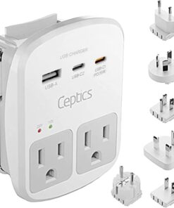 Ceptics 35W Universal Travel Adapter Kit – 2 USA sockets, USB-A, USBC, 1x PD 35W USB-C and USBC Cable, Surge Protected, Plugs for EU, UK, China, AU, Japan - for Laptop, Phone, Camera-ETL Tested