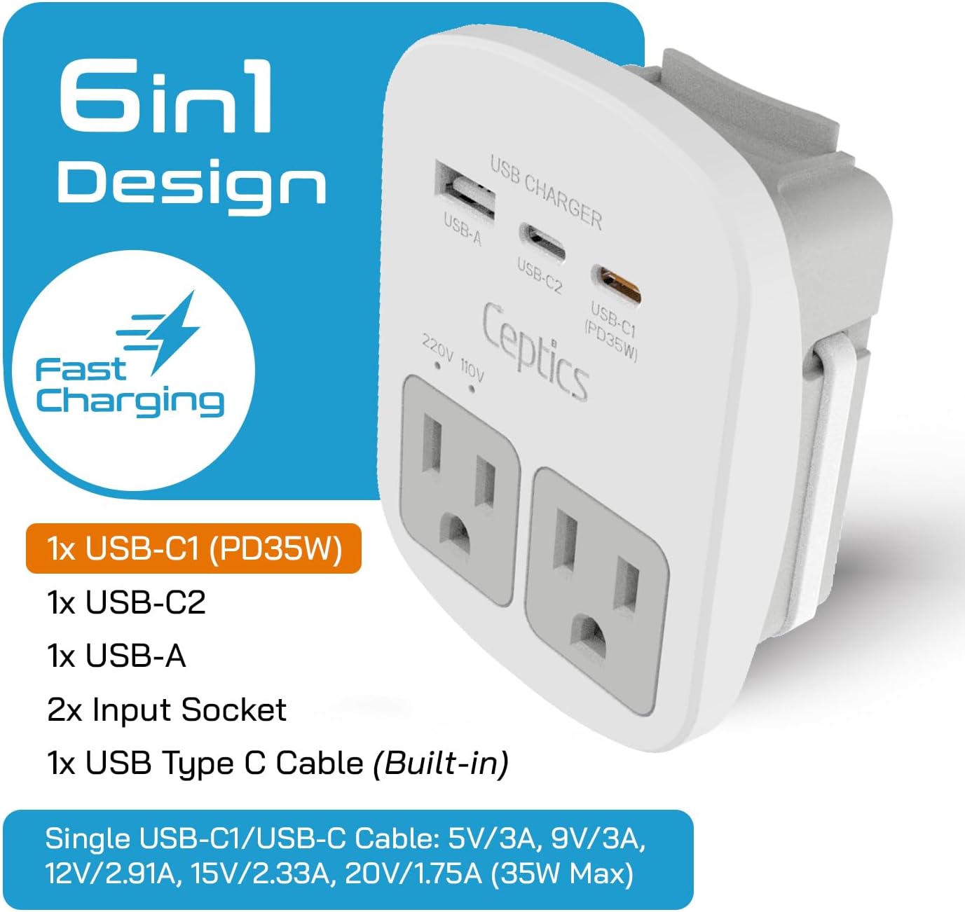 Ceptics 35W Universal Travel Adapter Kit – 2 USA sockets USB A USBC 1x PD 35W USB C and USBC Cable Surge Protected Plugs for EU UK China AU Japan for Laptop Phone Camera ETL Tested.jpg