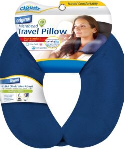 Cloudz Dual Comfort Microbead Airplane Travel Neck Pillow. Super Soft Cozy Plush Fabric on One Side, Cool Relaxing Spandex on The Other! Customize Your Comfort and Support at Home or On The Go!- Blue