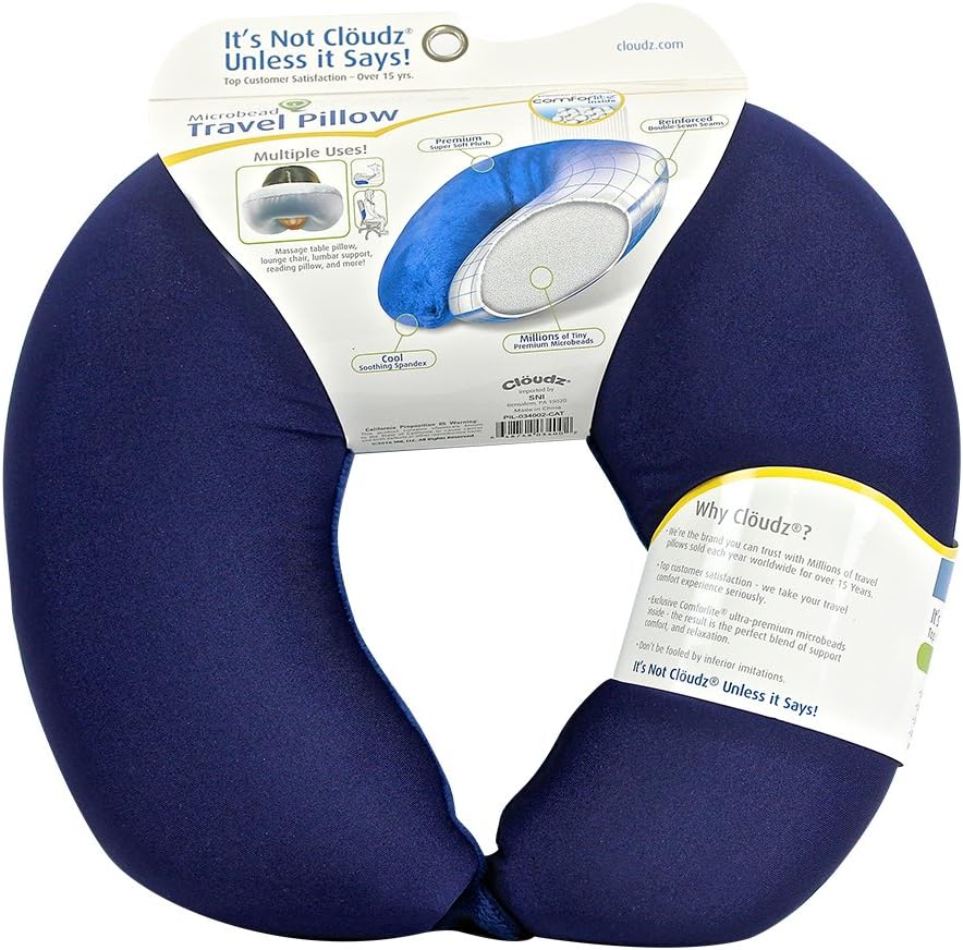 Cloudz Dual Comfort Microbead Airplane Travel Neck Pillow. Super Soft Cozy Plush Fabric on One Side Cool Relaxing Spandex on The Other Customize Your Comfort and Support at Home or On The Go Blue.jpg