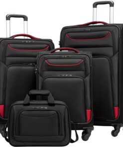 Coolife Luggage 4 Piece Set Suitcase TSA Lock Spinner Softshell lightweight (black+red)