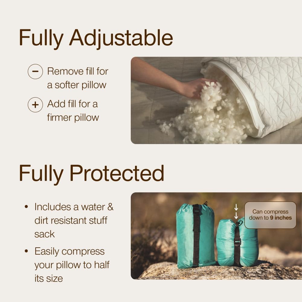 Coop Home Goods Original Travel and Camping Adjustable Pillow Small Camping Pillow with Compressible Stuff Sack Medium Firm Memory Foam with Lulltra Washable Cover CertiPUR US Certified 19x13.jpg