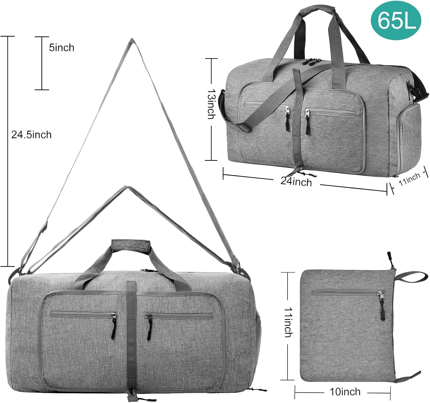 Dimayar 65L Travel Duffle Bag for Men Women Foldable Duffel Bag with Shoes Compartment Overnight Bags Waterproof Tear ResistantGray.jpg