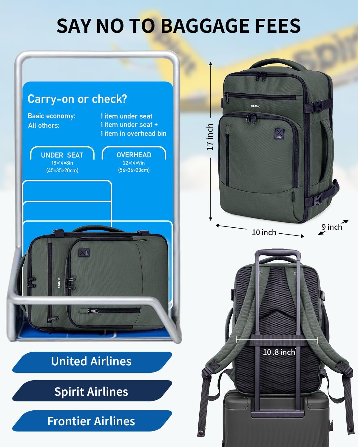 ECOHUB 17 Small Travel Backpack United Airlines Personal Item Bag 17x10x9 with 16 Pockets Water Resistant Rucksacks Fit 15.6 Laptop AirTag Pocket Lightweight Casual Daypack 25L Green.jpg
