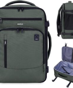 ECOHUB 17" Small Travel Backpack, United Airlines Personal Item Bag 17x10x9 with 16 Pockets, Water Resistant Rucksacks Fit 15.6" Laptop, AirTag Pocket, Lightweight Casual Daypack, 25L, Green