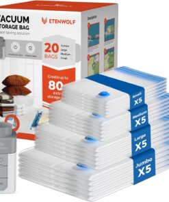 ETENWOLF 20 Pack Vacuum Storage Bags with Rechargeable Wireless Pump, Vacuum Seal Bags for Clothes and Travel, Space Saver Bags in Multiple Carry-On Sizes, Perfect for Luggage and Suitcases