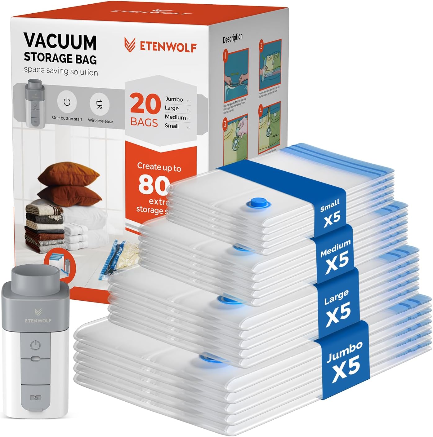 ETENWOLF 20 Pack Vacuum Storage Bags with Rechargeable Wireless Pump, Vacuum Seal Bags for Clothes and Travel, Space Saver Bags in Multiple Carry-On Sizes, Perfect for Luggage and Suitcases