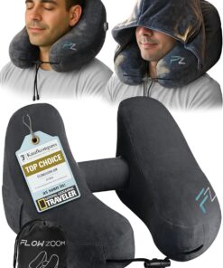 FLOWZOOM Air Inflatable Neck Pillow for Traveling on Plane - H-Shape Hooded Airplane Pillow with 5 Snooze Modes, Fast Inflation, Pressure Control, Cozy Clip-On Hood & Plushy Cover - Size L, Jet Black