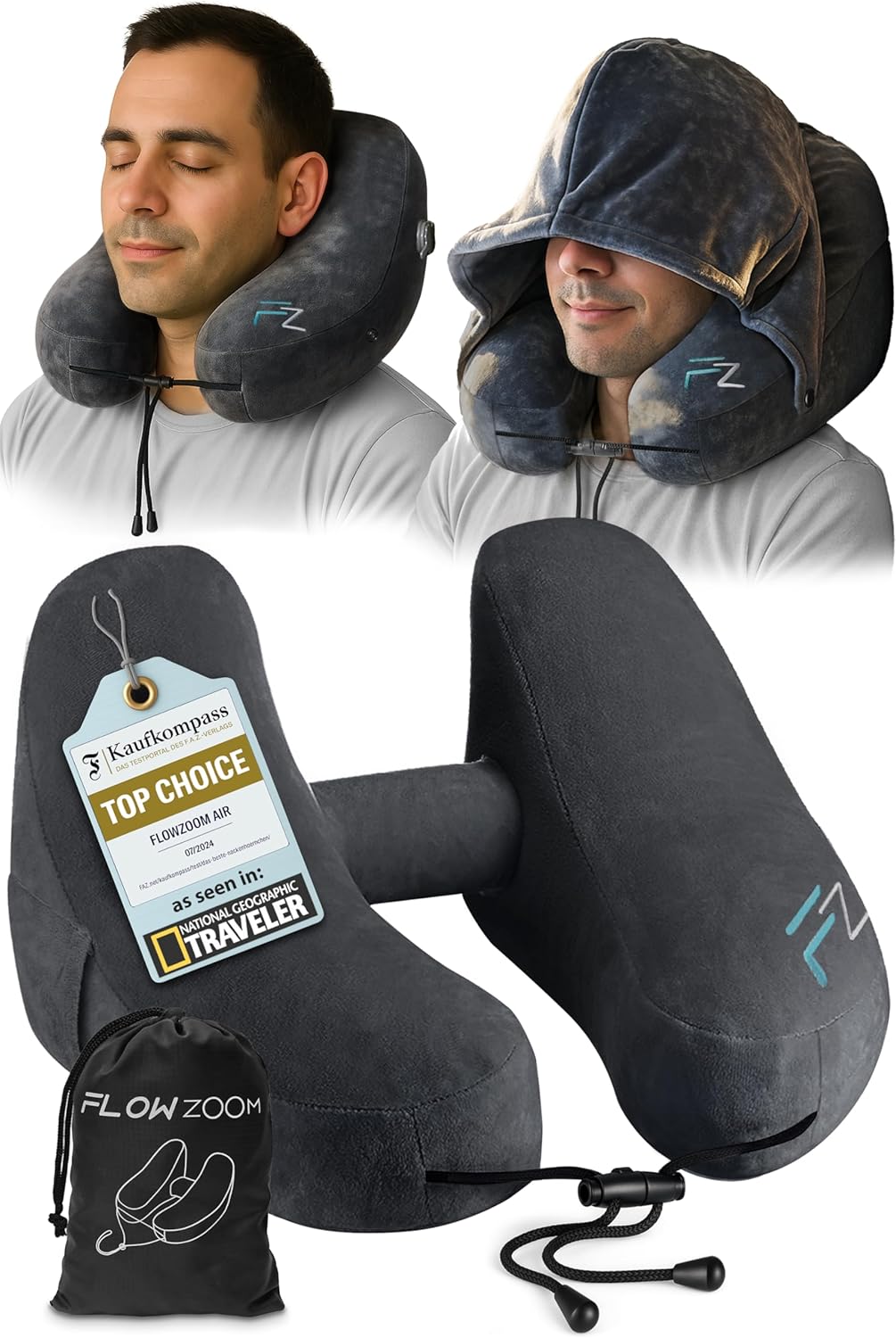 FLOWZOOM Air Inflatable Neck Pillow for Traveling on Plane - H-Shape Hooded Airplane Pillow with 5 Snooze Modes, Fast Inflation, Pressure Control, Cozy Clip-On Hood & Plushy Cover - Size L, Jet Black