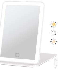 FUNTOUCH Rechargeable Travel Makeup Mirror with 72 Led Lights, Portable Lighted Beauty Mirror, 3 Color Lighting, Dimmable Touch Screen, Tabletop LED Folding Cosmetic Vanity Mirror