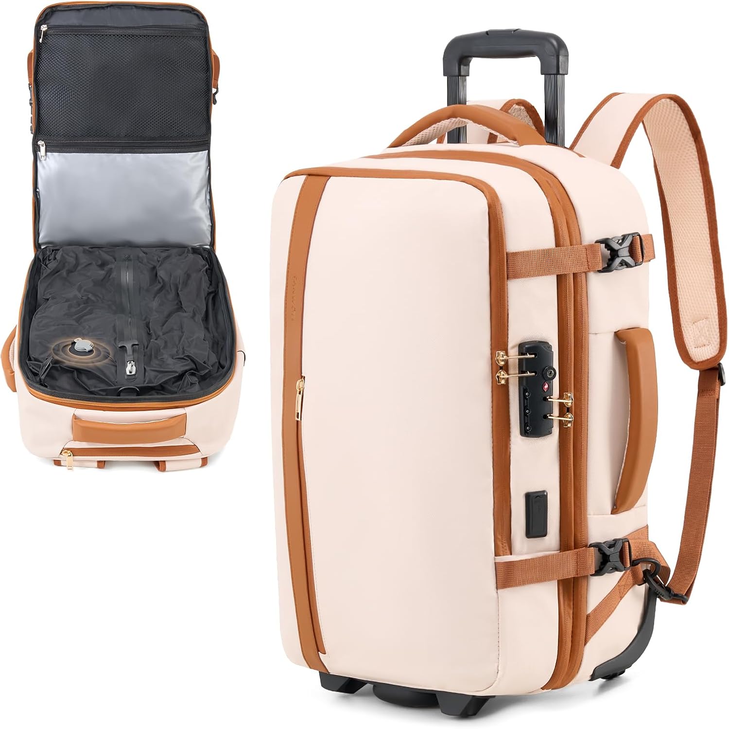 Fanwoli Rolling Vacuum Backpack Travel with One-Button Compression, Expandable Carry-On Suitcase Luggage, Approved TSA Lock & Water-Proof Laptop Compartment for Outdoor/Family/Business Trips