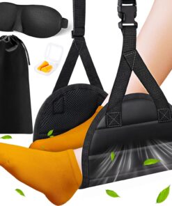 Foot Hammock Airplane Foot Rest for Train, Length Adjustable Travel Essentials with Eye Mask and Earplugs, Desk Foot Rest, Flight Essentials Airplane Foot Hammock (1 Set)