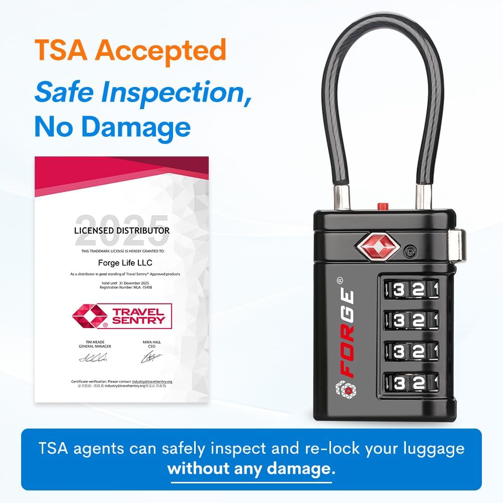 Forge TSA Approved Luggage Locks 4 Digit Combination TSA Travel Locks with TSA008 Open Alert Indicator Zinc Alloy Body for Luggage Suitcase Backpack and More. Black 2 Locks.jpg