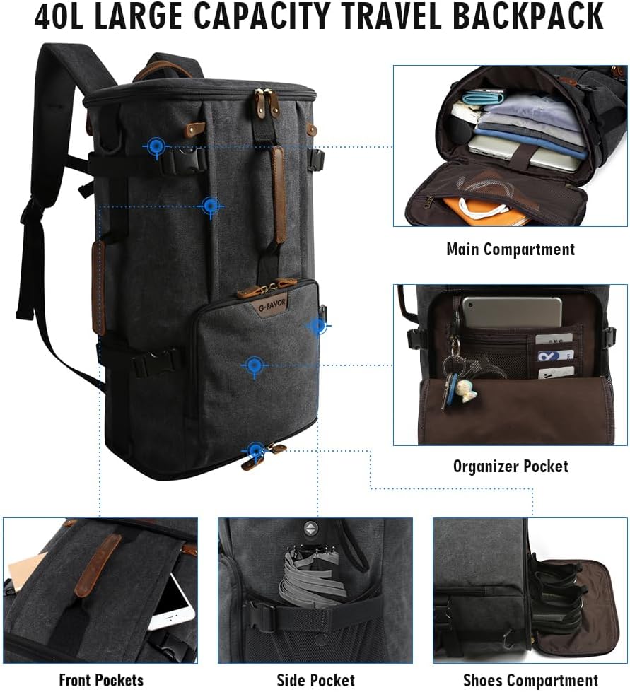 G FAVOR Canvas Travel Backpack for Men 40L Large Airline Approved Carry On Backpack Fits 17.3 Laptop Convertible to Shoulder Bag Duffle Bag for Travel and Work.jpg