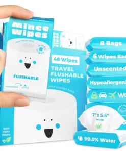 Impossibly Compact Travel Flushable Wipes - 99.5% Water and Aloe - Safe for Sensitive Skin, Hypoallergenic & Unscented - Travel Essentials for Adults, Kids & Baby Care - 8 Pack Total 48 Wipes