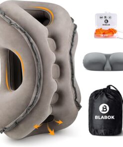 Inflatable Travel Pillow,Multifunction Travel Neck Pillow for Airplane to Avoid Neck and Shoulder Pain,Support Head,Neck,Used for Sleeping Rest, Airplane and Home Use,with Eye Mask, Earplugs,Gray