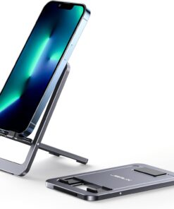 JSAUX Cell Phone Stand, Foldable Aluminum Adjustable Phone Holder for Desk Portable Travel Essentials Office Accessories for iPhone 17 16 15 14 13 Pro Max Samsung S25 S24 S23 Ultra Kindle-Gray
