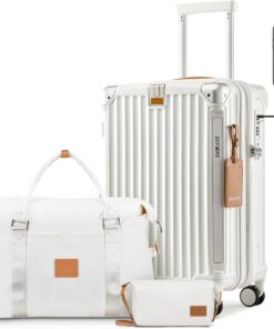 Joyway 20in Carry On Luggage with Cup Holder and USB Port, 25% Expandable Capacity, Smart Suitcase with Anti Slip Wheels and Handbag, Perfect for Men and Women 3 Piece Set White