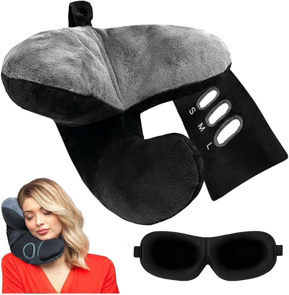 Jpillow + Scarf and Sleepmask, 3 Way Support for The Head, Neck and Chin, Carry Bag, Travel Pillow for Airplane, Ultimate Luxury, (Black/Silver)