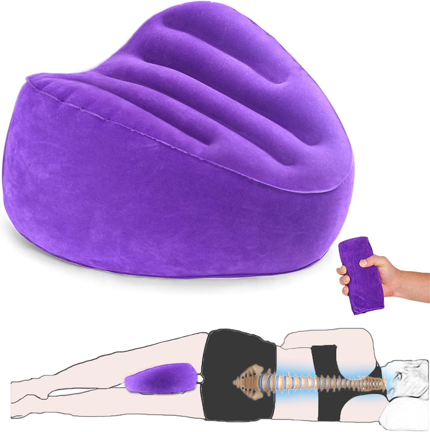 Knee Pillow for Side Sleepers, Leg Pillow for Side Sleeping Velvet Soft Fabric, Inflatable Travel Pillow for Thigh Sleep Support, Side Sleeper Pillow Between Legs for Hip Sciatica Back Pain Relief