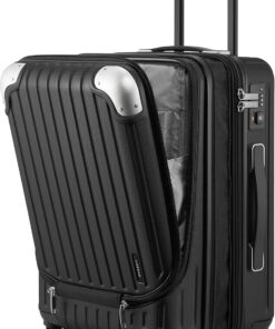 LEVEL8 Grace Hard Shell Carry on Luggage with Front Compartment, 20 Inch Expandable Suitcases with Wheels, Lightweight Carry-on Suitcase for Airplane, Tsa Lock, Black