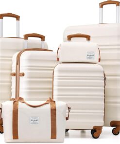 LONG VACATION 6 Piece Luggage Set Carry on Suitcase with ABS+PC hardshell, Spinner Wheels & YKK Zipper TSA Lock (BEIGE-BROWN, 6 piece set)