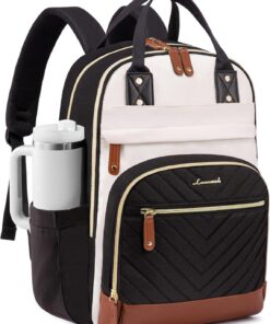 LOVEVOOK Laptop Backpack for Women with Giant Tumbler Holder Pocket,15.6 inch School College Book Bag Nurse Teacher Backpack,Waterproof Work Travel Backpack Purse Laptop Computer Bag,Beige-Black-Brown