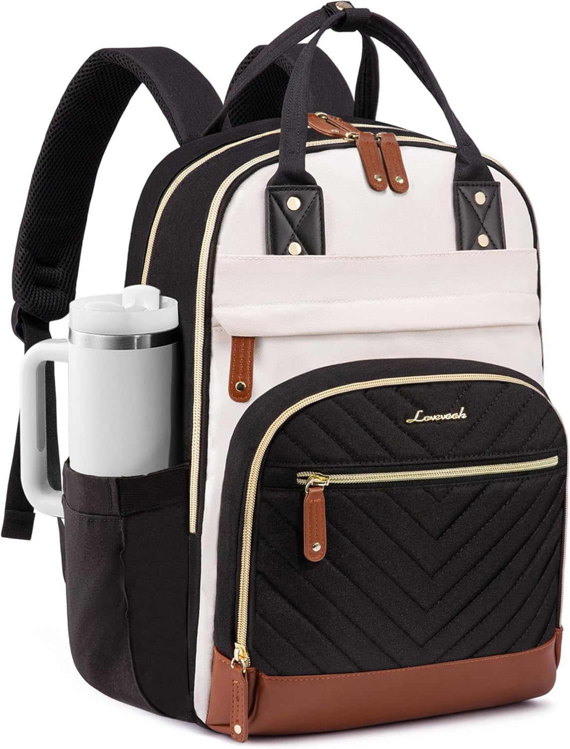 LOVEVOOK Laptop Backpack for Women with Giant Tumbler Holder Pocket,15.6 inch School College Book Bag Nurse Teacher Backpack,Waterproof Work Travel Backpack Purse Laptop Computer Bag,Beige-Black-Brown
