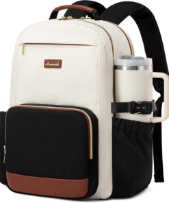 LOVEVOOK Laptop Backpack for Women with Pouch Pocket for Large Capacity Cup,15.6 Inch Laptop Computer Bag Travel Backpack Purse,Waterproof Work Business Backpack College Teacher Bags,Beige-Black-Brown