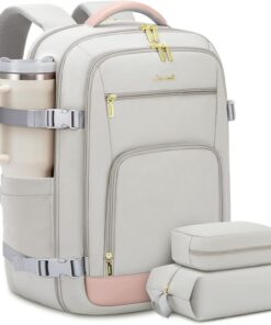 LOVEVOOK Travel Backpack For Women, 40L Carry On Backpack Flight Approved, TSA Personal Item Travel Bag Fits 17 Inch Laptop, Business Weekender Overnight Waterproof Daypack With 2 Cubes, Grey-Pink