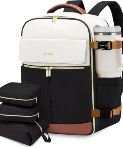 LOVEVOOK Travel Backpack for Women, TSA Carry On Backpack Flight Approved Luggage, 40L Water Resistant Personal Item Daypack Large Weekender Bag fit 17 inch Laptop with 3 Cubes, Beige-black-brown
