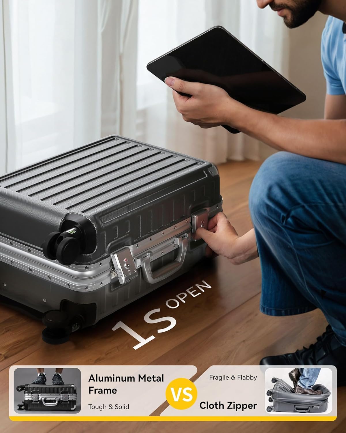 LUGGEX Checked Suitcase with Spinner Wheels 8010S Aluminum Frame Zipperless Polycarbonate Hard Shell Suitcase ZX Core Charcoal Metallic 28 Inch.jpg