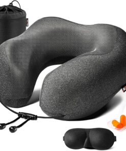MLVOC Travel Pillow 100% Pure Memory Foam Neck Pillow, Comfortable & Breathable Cover, Machine Washable, Airplane Travel Kit with 3D Contoured Eye Masks, Earplugs, and Luxury Bag, Standard (Black)