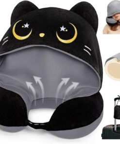 Mewaii Travel Neck Pillow with Hood for Airplanes,Memory Foam,Breathable Ice Silk & Soft Velvet,Double-Sided,Removable to Clean,Adjustable Strap,Portable Travel Pillow for Long Flights Adults & Teens