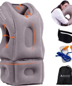 Modern Advantage Inflatable Travel Pillow with Adjustable Extra Bottom Support Neck Pillow for Chin & Head Stability Prevents Neck Pain Plane Pillow for Long Flight Travel - Eye Mask & Earplugs - Grey