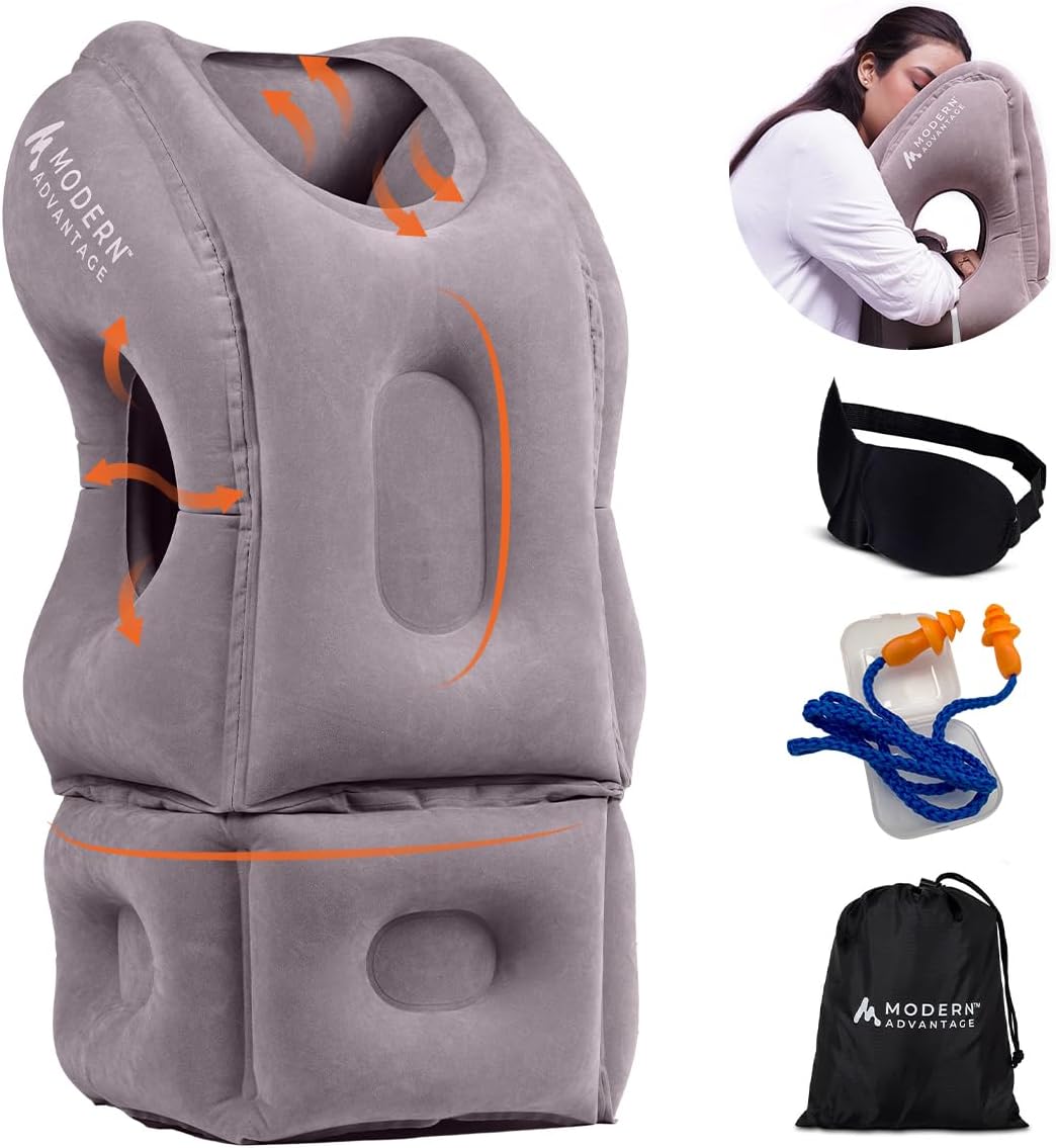 Modern Advantage Inflatable Travel Pillow with Adjustable Extra Bottom Support Neck Pillow for Chin & Head Stability Prevents Neck Pain Plane Pillow for Long Flight Travel - Eye Mask & Earplugs - Grey