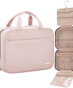 NISHEL Travel Toiletry Bag for women, Portable Hanging Organizer for Full-Sized Shampoo, Conditioner, Brushes Set, Makeup Accessories, Large Size, Pink