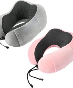 Neck Pillow Airplane-2 Pack Memory Foam Travel Pillow, Soft Support Travel Neck Pillow for Travelling, Sleeping Rest, Car, Train and Home Use (Grey&Pink)