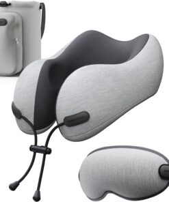 Neck Pillow for Travel Memory Foam Design Models Pillows with Zero Eye Pressure 3D Eye Mask and Compact Bag Traveling Essentials Plane Car Flight Rest Sleeping Use Adult, Light Gray