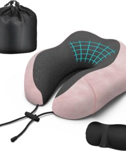 Neck Travel Pillow, Upgraded Memory Foam Pillow for Airplane, Machine Washable, Adjustable Flight Pillow, Suitable for Sleeping Airplane, Car, Office and Home (Pink)