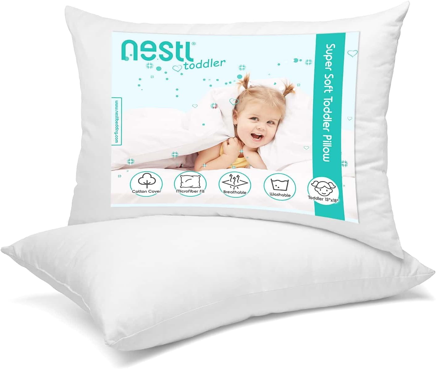 Nestl 2 Pack Toddler Pillow for Sleeping 13 x 18, Small Kids Pillow for Travel, Car, School, Nap, & Toddler Bed, Machine Washable Soft Cotton Child 2 Year Old and Up - White