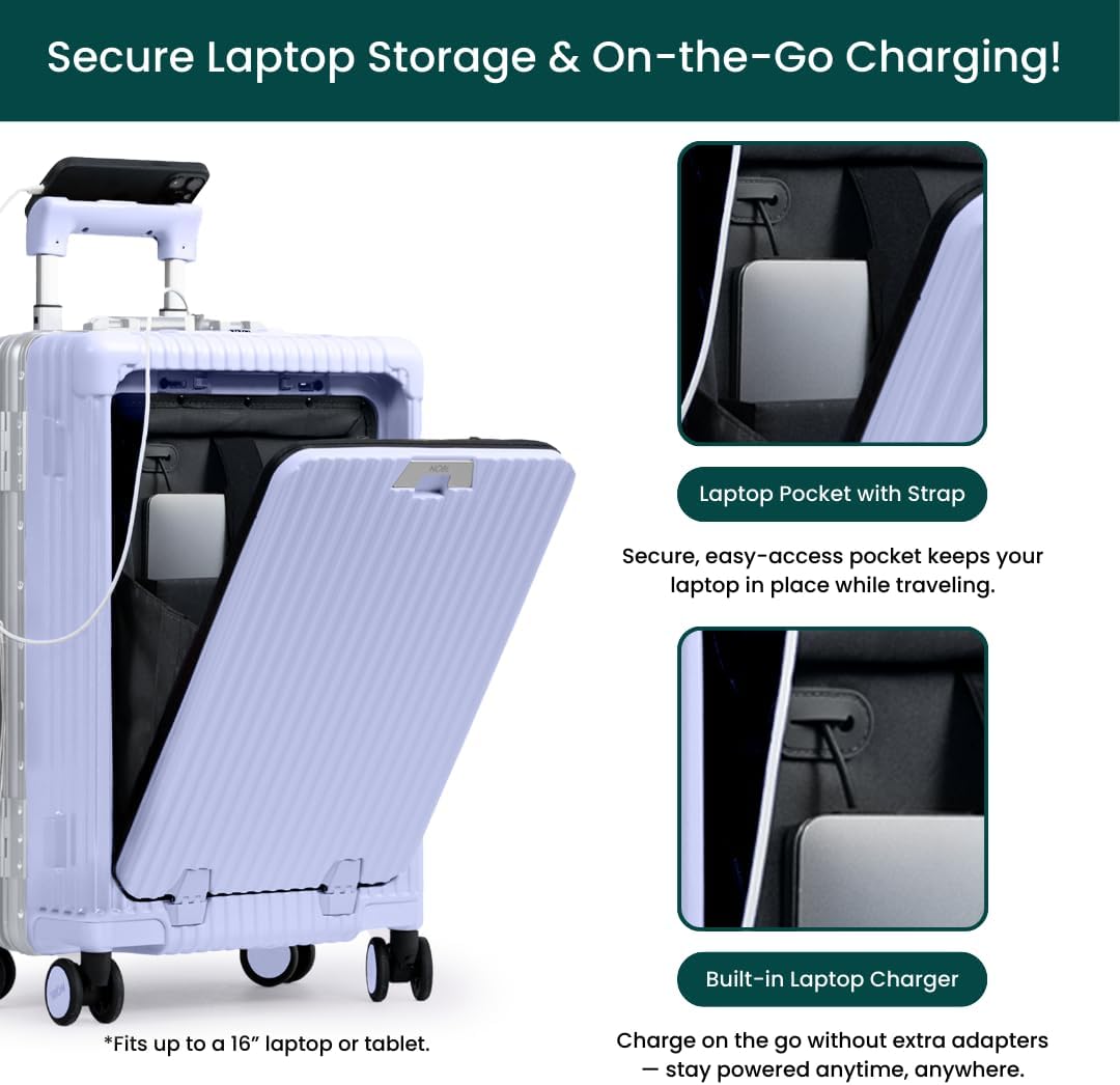 Nobl Travel Carry On Luggage Noble Zipperless Aluminum Frame PC Hard Shell Suitcase 22.5x15x9.5 Airline Approved 360° Spinner Wheels TSA Locks USB Charging Port Cup Phone Holder Lavender.jpg