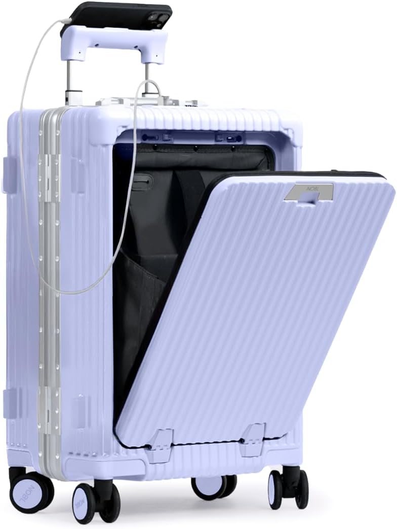 Nobl Travel Carry On Luggage, Noble Zipperless Aluminum Frame PC Hard Shell Suitcase, 22.5x15x9.5 Airline Approved, 360° Spinner Wheels, TSA Locks, USB Charging Port, Cup & Phone Holder - Lavender