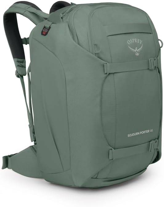Osprey Sojourn Porter 46L Travel Backpack – Carry-On Compliant Luggage with StraightJacket Compression and Padded Laptop Sleeve – Durable Pack for International or Urban Travel, Koseret Green