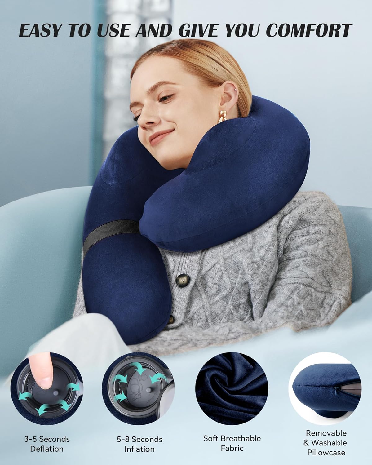 Patented Design Inflatable Travel Neck Pillow – Airplane Neck Pillow with 360° Head Neck Support Soft Washable Velvet Cover Compact Neck Support Pillow for AirplaneTrainCarOffice Home Blue.jpg