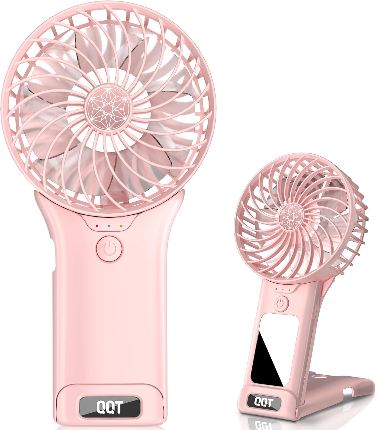 QQT Mini Handheld Fan,4 Speed Adjustable Portable Battery Operated Fans,USB Rechargeable Desk Fan with Mirror,Max 20 Hrs Hand Fan For Travel Office Outdoor Women Men (Pink)