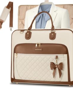 RAINSMORE Garment Bags for Travel Womens Foldable Suit Bag Large Carry On Garment Bag for Hanging Clothes Leather Suit Luggage Bags with Pockets & Strap for Travel Business, Beige & Brown