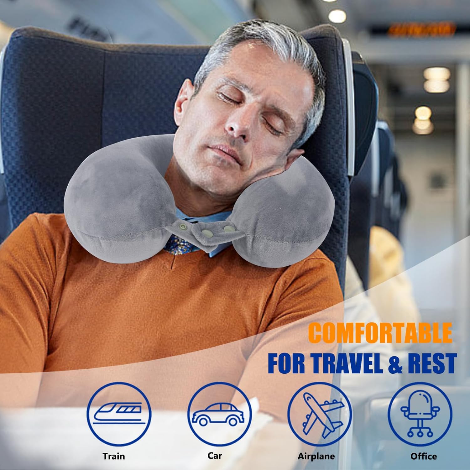 SAIREIDER Travel Pillows for Sleeping Airplane 100 Pure Memory Foam Neck Pillow for Airplanes Washable CoverGrey.jpg