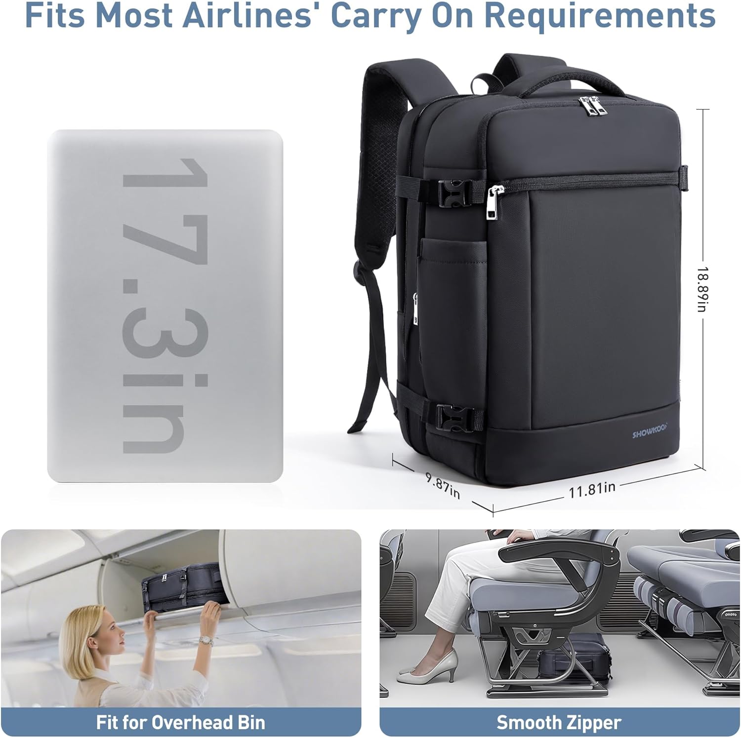 SHOWKOO Travel Backpack For Man Women Airline Approved Carry On Laptop Backpack For Business 40L Expandable Large Capacity Backpack Black.jpg