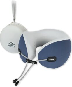 SKYTRAX COMF® Premium Ergonomic Memory Foam Travel Neck Pillow, Washable Cooling Ice Silk Cover, Firm Neck Support for Airplane Long Flights & Pain Relief, with Portable Carry Case (Navy Blue)